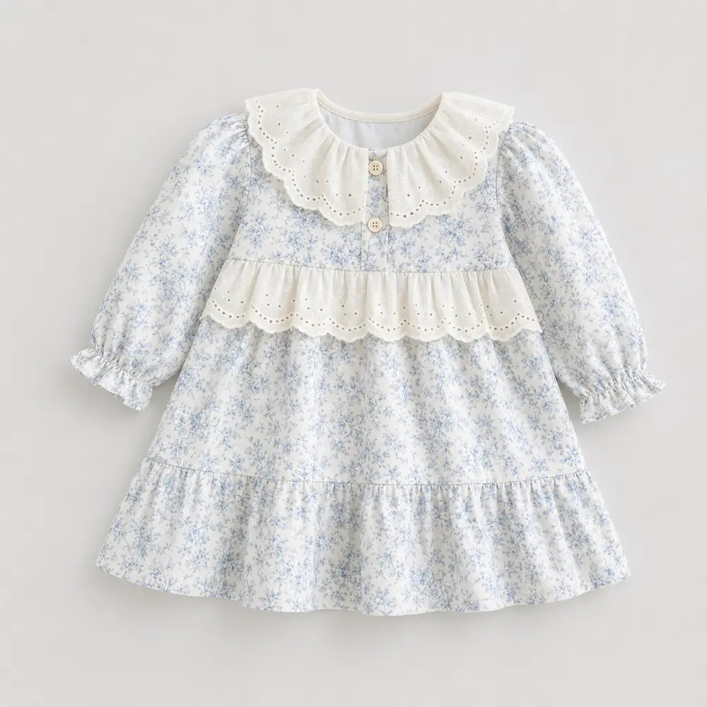 Pattuti Sustainable Cotton Floral Printed Dress With Lace Collar For Girls