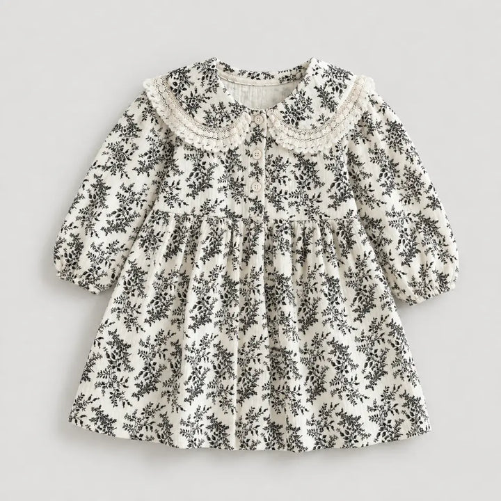 Pattuti Sustainable Double Gauge Printed Dress For Girls With Peter Pan Collar