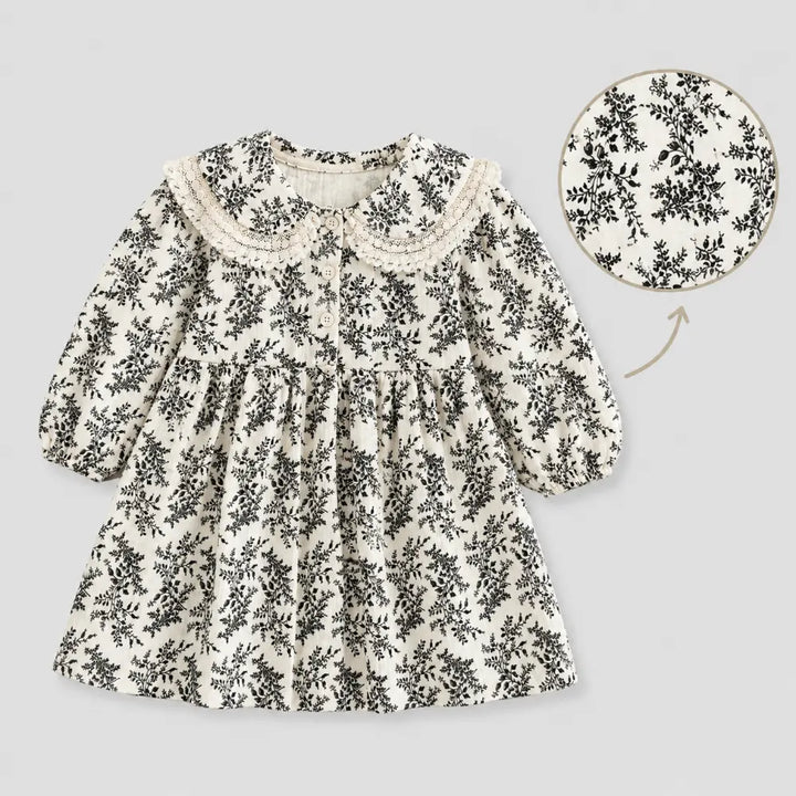 Pattuti Sustainable Double Gauge Printed Dress For Girls With Peter Pan Collar