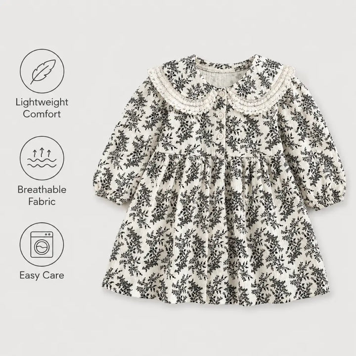 Pattuti Sustainable Double Gauge Printed Dress For Girls With Peter Pan Collar