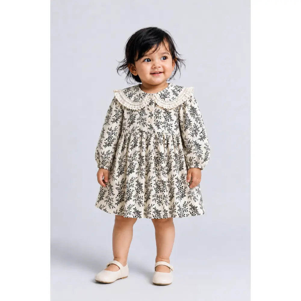 Pattuti Sustainable Double Gauge Printed Dress For Girls With Peter Pan Collar