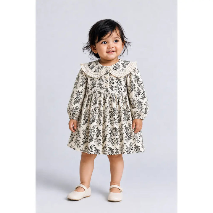 Pattuti Sustainable Double Gauge Printed Dress For Girls With Peter Pan Collar