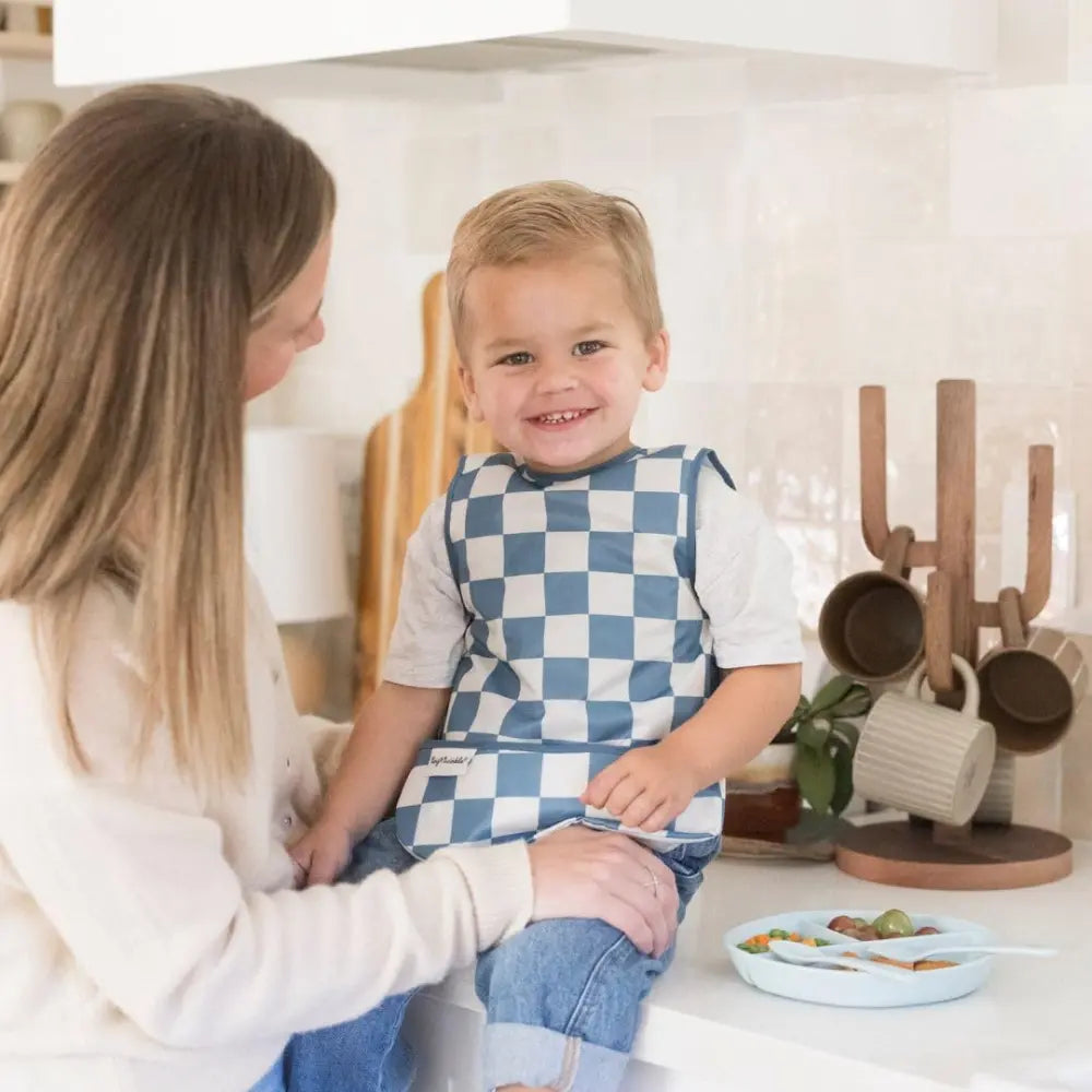Tiny Twinkle Mess-Proof Apron Bib - Blue Checker - Small (6-24 Months)