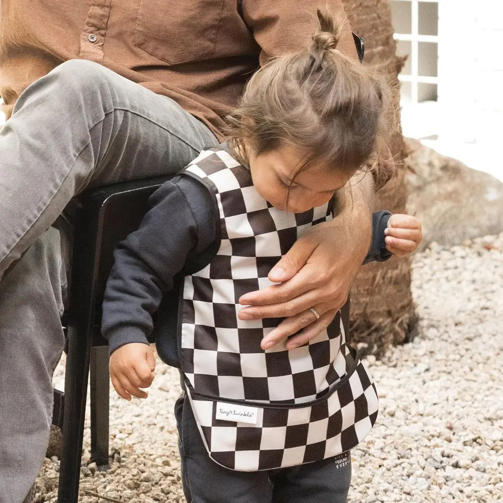 Tiny Twinkle Mess-Proof Apron Bib - Black Checker - Large (2-4 Years)
