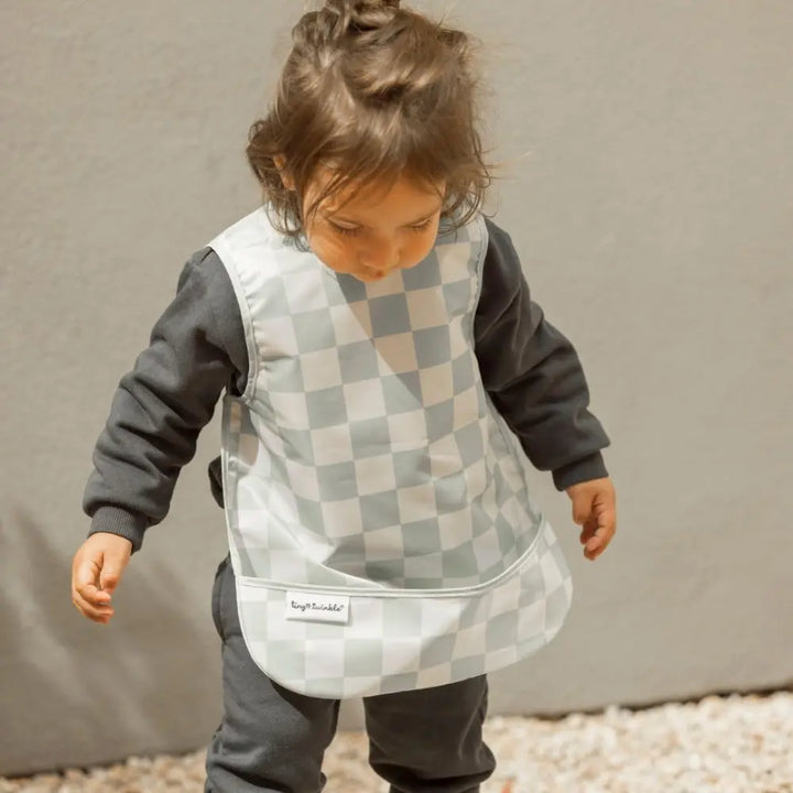 Tiny Twinkle Mess-Proof Apron Bib - Sage Checker - Large (2-4 Years)