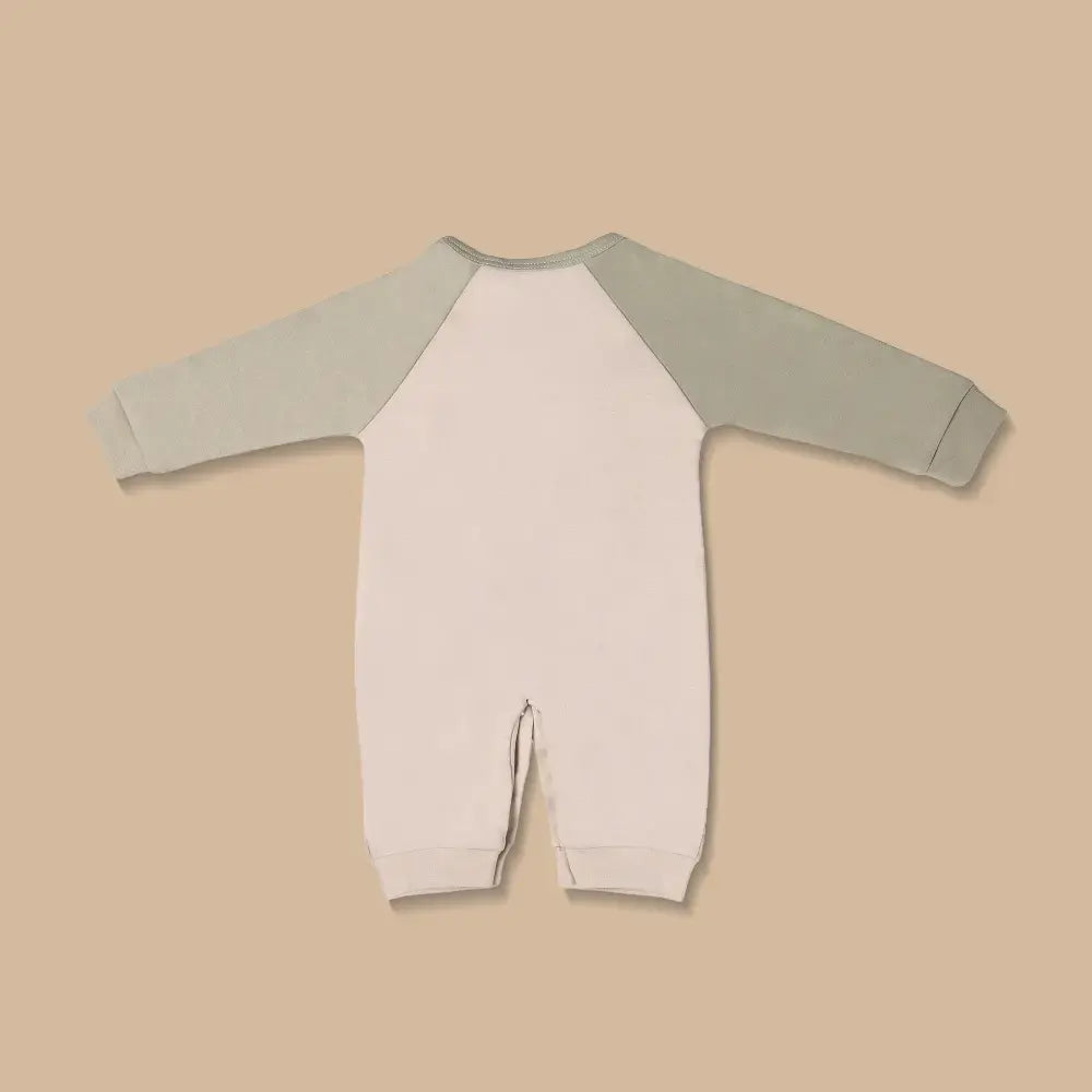 Prekies Newborn Cotton Sleepsuit Dino Print - Olive Green &amp; Beige