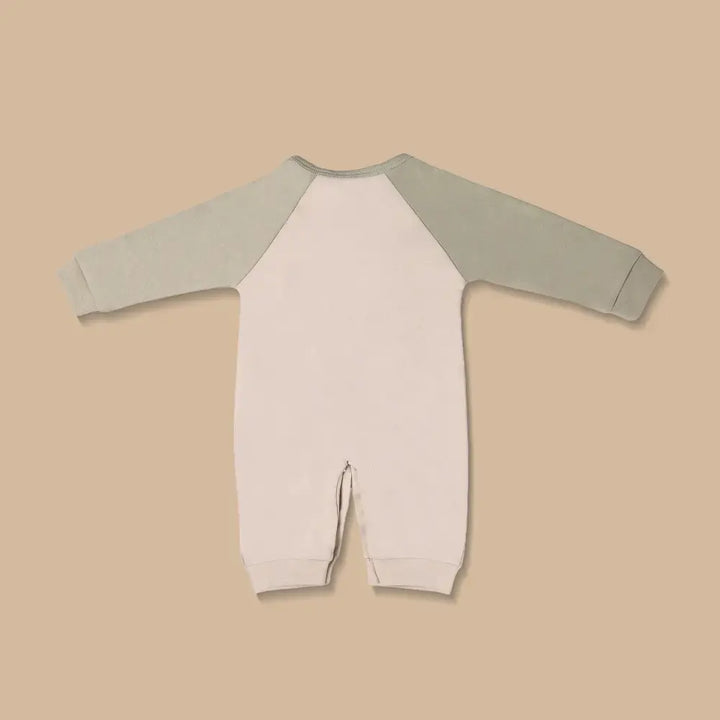 Prekies Newborn Cotton Sleepsuit Dino Print - Olive Green &amp; Beige