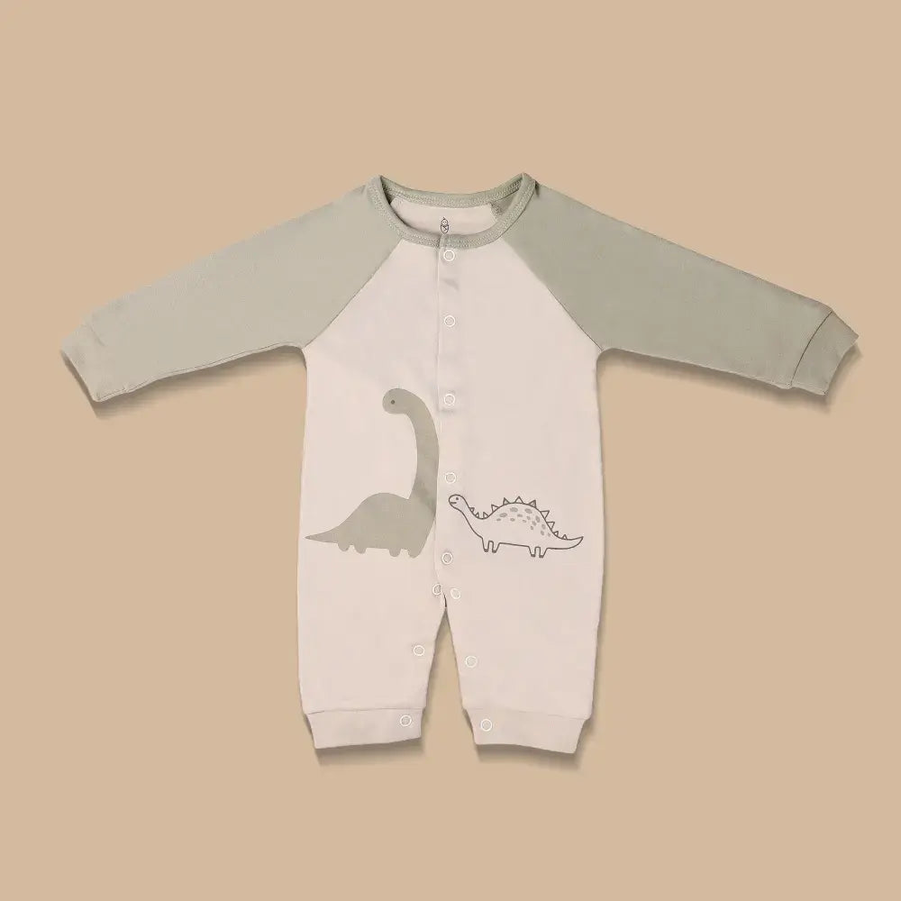 Prekies Newborn Cotton Sleepsuit Dino Print - Olive Green &amp; Beige