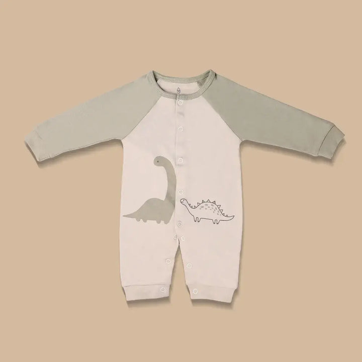 Prekies Newborn Cotton Sleepsuit Dino Print - Olive Green &amp; Beige