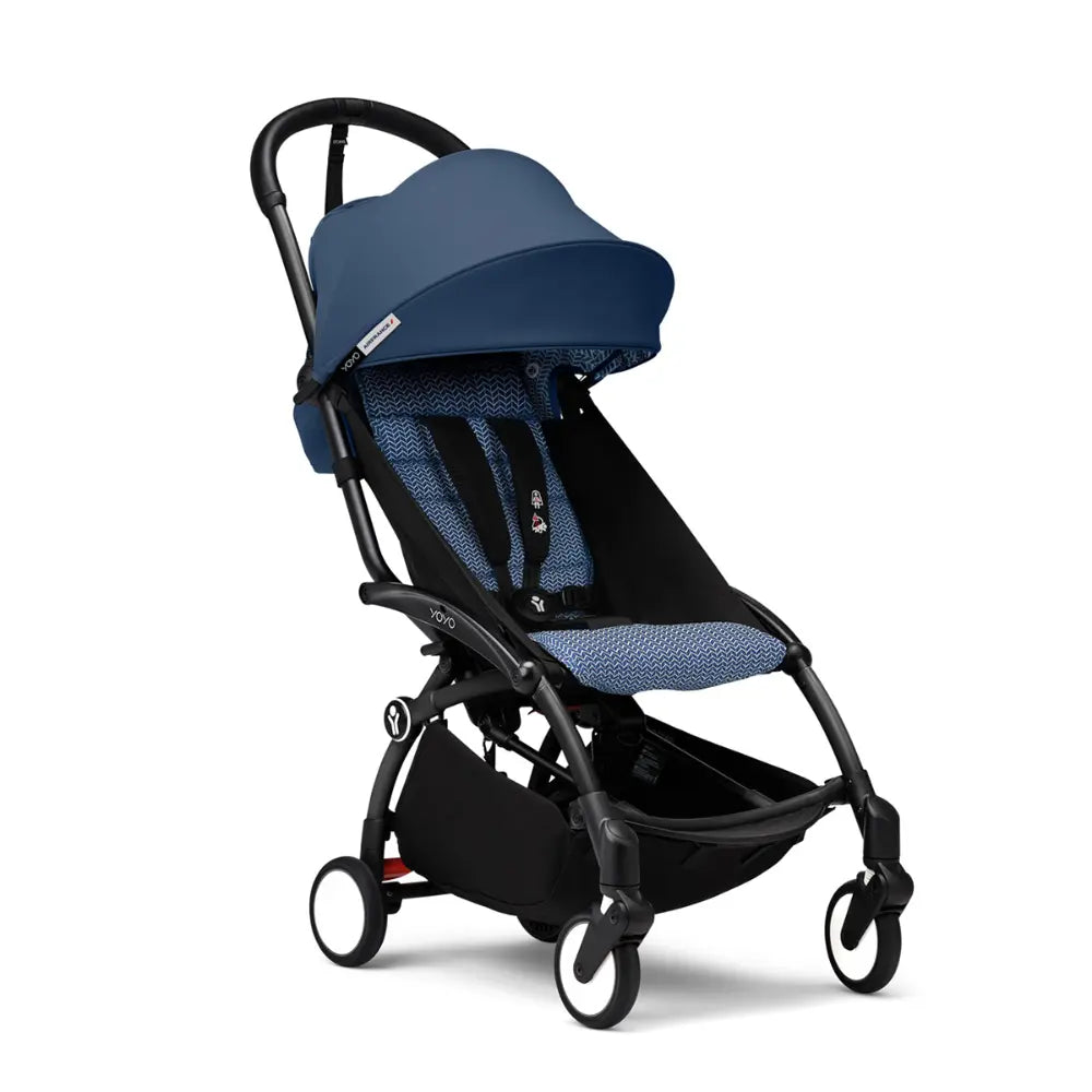 Stokke YOYO3 Stroller | Lightweight Compact Travel Stroller for Babies | Cabin Friendly &amp; Foldable | UPF 50+ Sun Protection | 5 Point Safety Harness | Award Winning Design | YOYO Stroller India | 6 Months to 4 Years - Black/Air France Blue