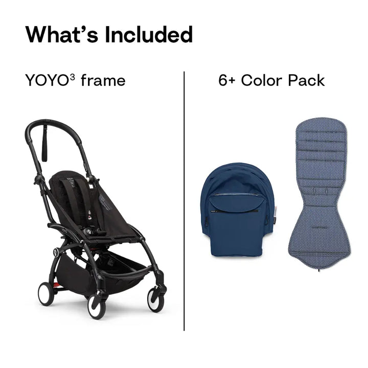 Stokke YOYO3 Stroller | Lightweight Compact Travel Stroller for Babies | Cabin Friendly &amp; Foldable | UPF 50+ Sun Protection | 5 Point Safety Harness | Award Winning Design | YOYO Stroller India | 6 Months to 4 Years - Black/Air France Blue