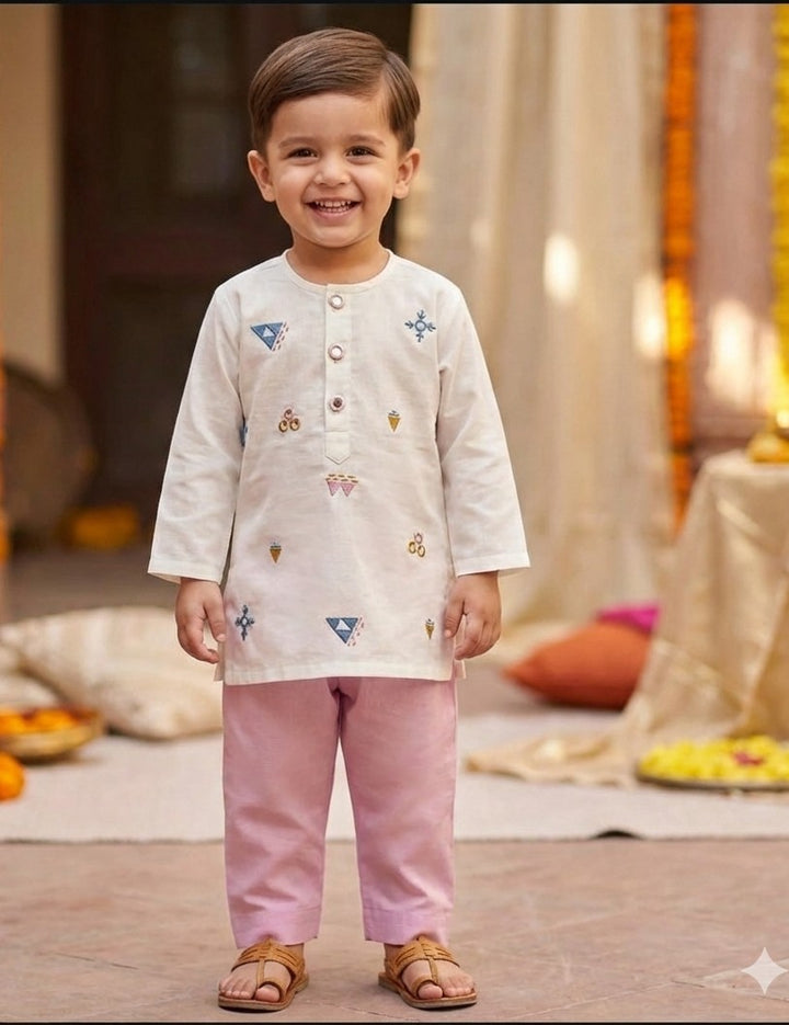 Bhaakur Organic Cotton Mirror Work Kurta Set For Boys - White