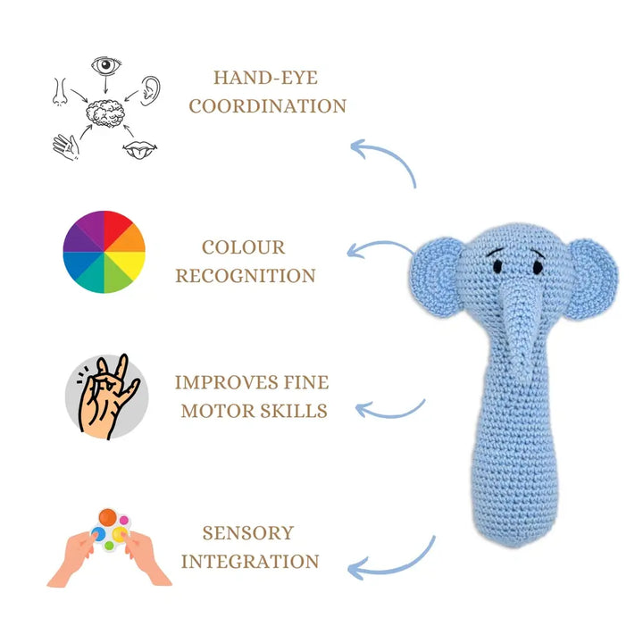 Happy Threads Tiny Trunkies Crochet Hand Rattle – Handmade Baby Toy &amp; Cherished Keepsake