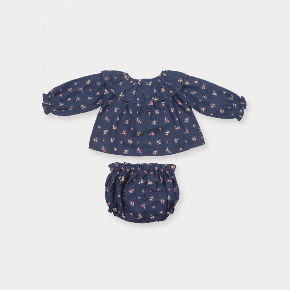 Early Sunday Daisy Baby Blouse &amp; Bloomer Set For Girls - Ditsy Bouquet Navy