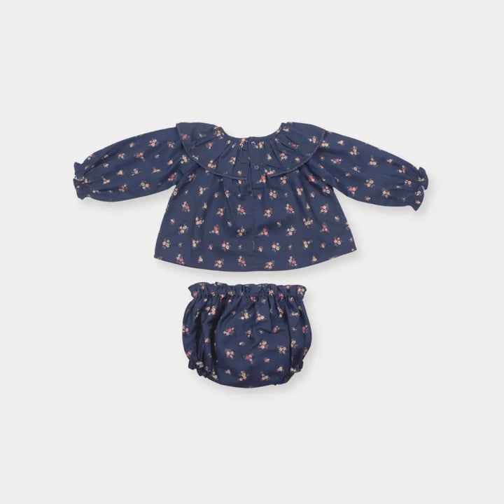 Early Sunday Daisy Baby Blouse &amp; Bloomer Set For Girls - Ditsy Bouquet Navy
