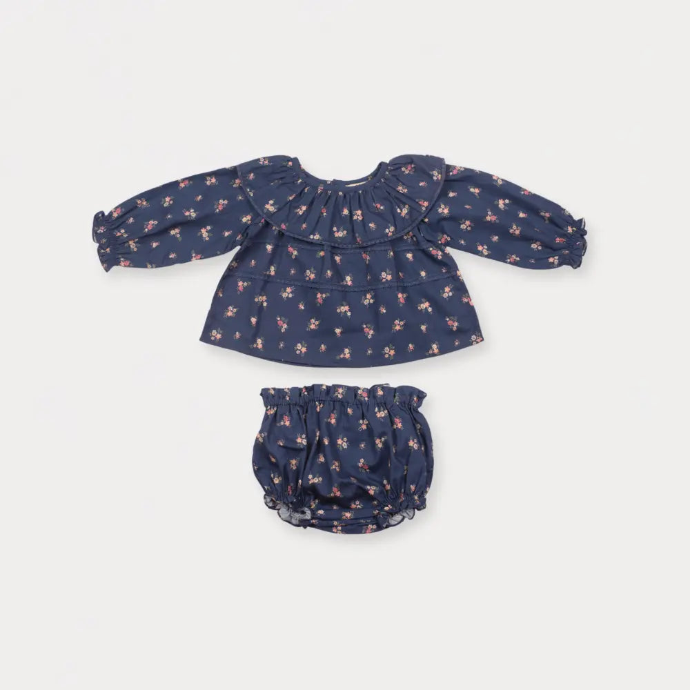 Early Sunday Daisy Baby Blouse &amp; Bloomer Set For Girls - Ditsy Bouquet Navy