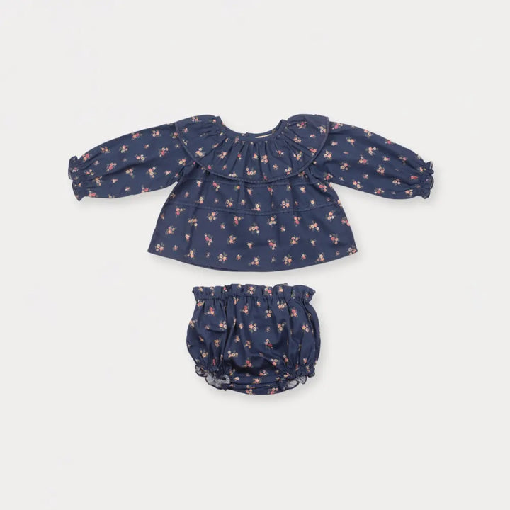 Early Sunday Daisy Baby Blouse &amp; Bloomer Set For Girls - Ditsy Bouquet Navy