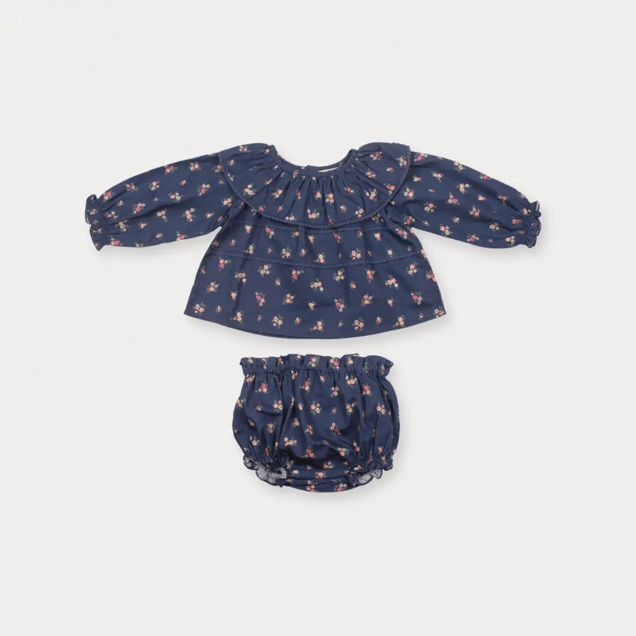 Early Sunday Daisy Baby Blouse & Bloomer Set For Girls - Ditsy Bouquet Navy