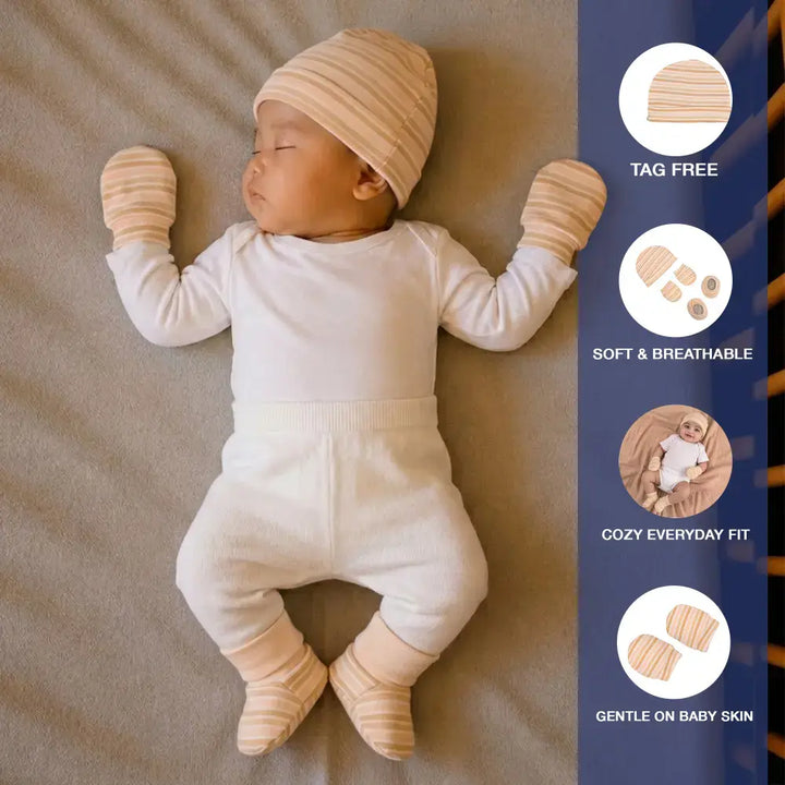Prekies Newborn Cotton Cap, Mittens &amp; Booties Set Stripes Print - Peach
