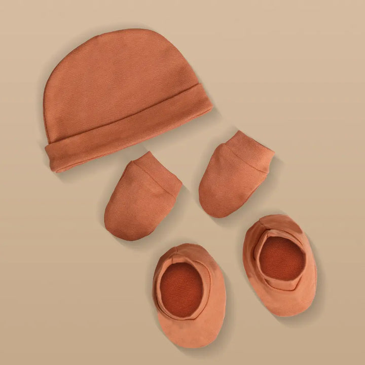 Prekies Newborn Cotton Cap, Mittens &amp; Booties Set - Maroon