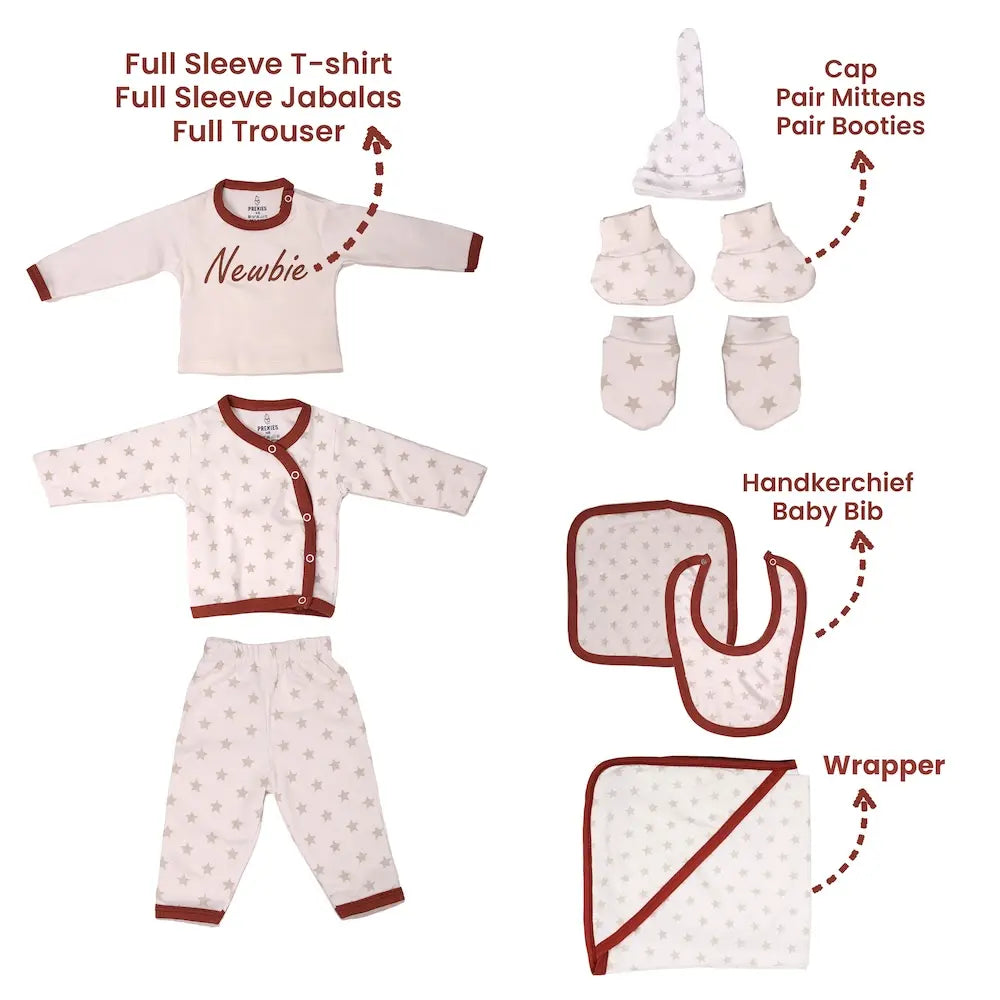 Prekies Newborn Baby Essentials Gift Set - 10-Piece Newbie Print - Cream &amp; Brown