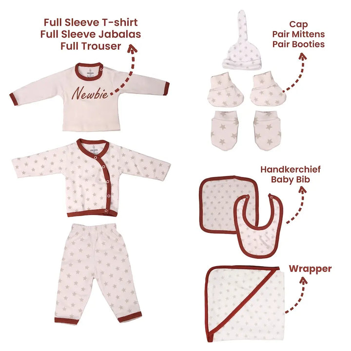 Prekies Newborn Baby Essentials Gift Set - 10-Piece Newbie Print - Cream &amp; Brown