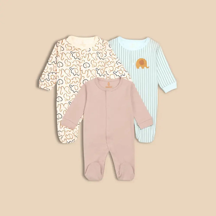 Prekies Newborn Cotton Sleepsuits Elephant Print - Multi (Set of 3)