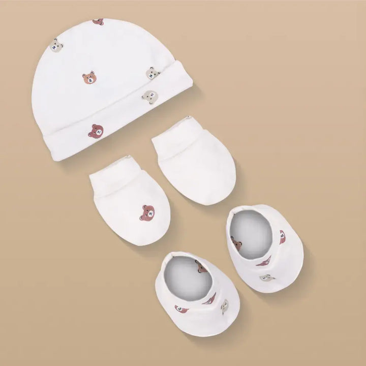 Prekies Newborn Cotton Cap, Mittens &amp; Booties Set Teddy Print - Cream
