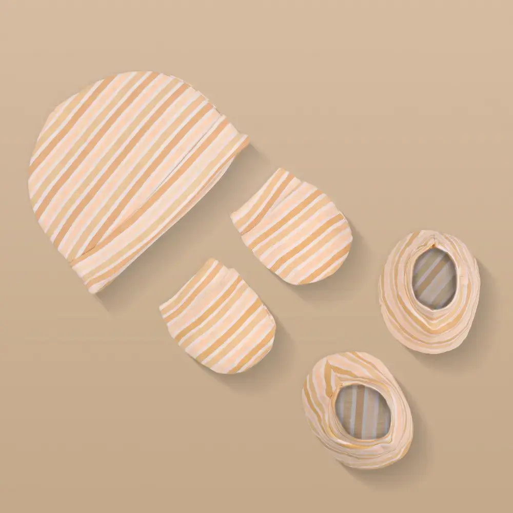 Prekies Newborn Cotton Cap, Mittens &amp; Booties Set Stripes Print - Peach