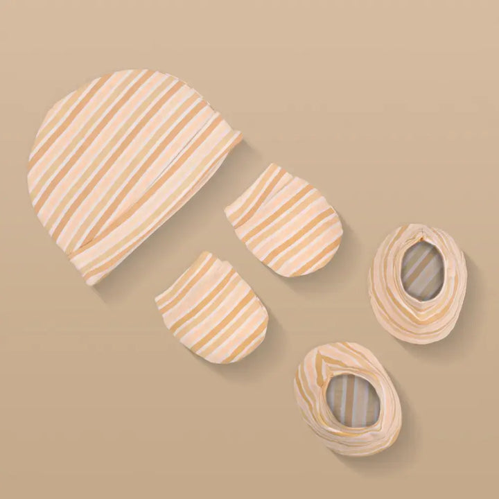 Prekies Newborn Cotton Cap, Mittens &amp; Booties Set Stripes Print - Peach
