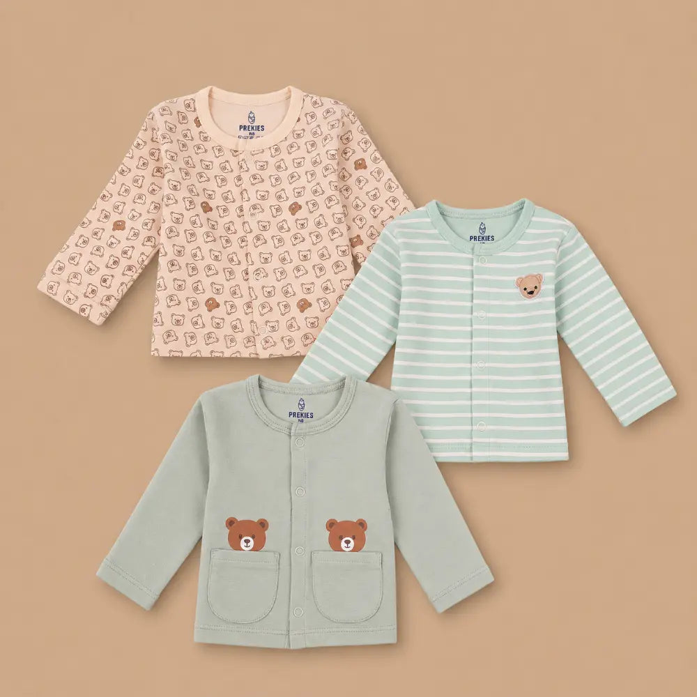 Prekies Cotton Jhablas Bear Print - Olive Green &amp; Peach (Set of 3)