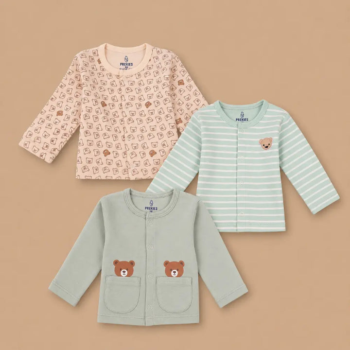 Prekies Cotton Jhablas Bear Print - Olive Green &amp; Peach (Set of 3)