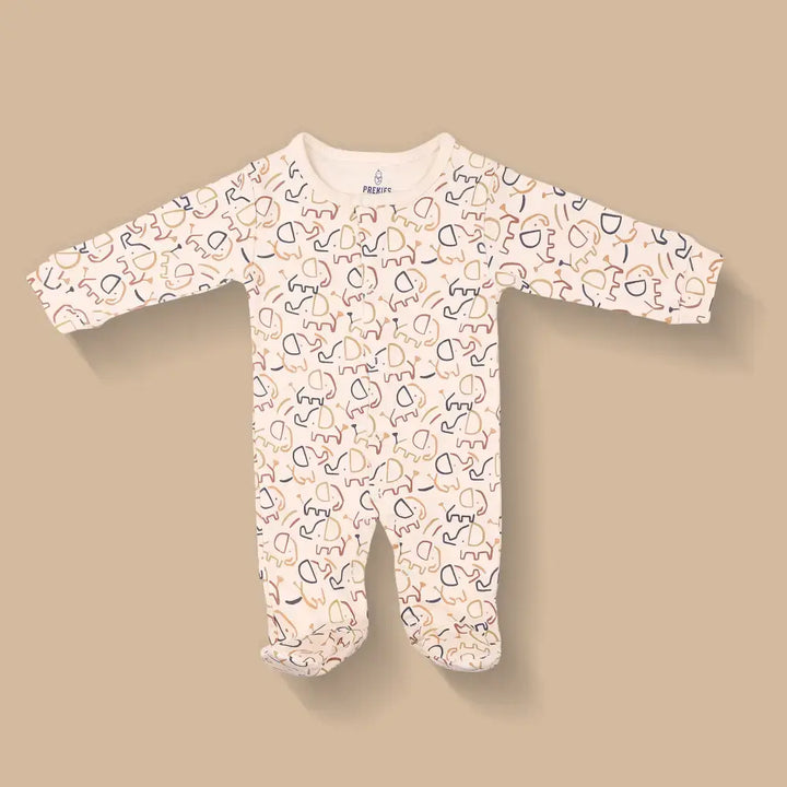 Prekies Newborn Cotton Sleepsuits Elephant Print - Multi (Set of 3)