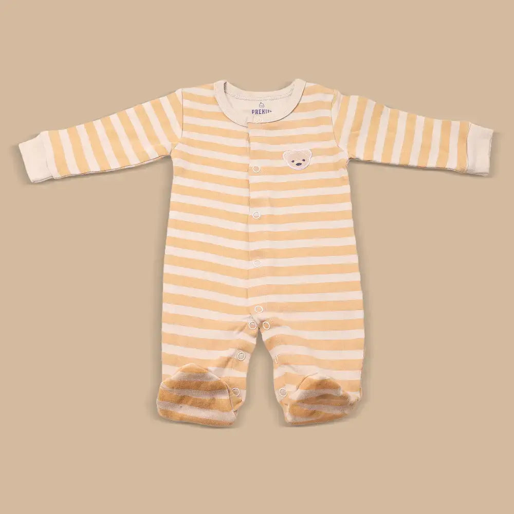 Prekies Newborn Cotton Sleepsuit Bear Face Print - Beige &amp; Brown