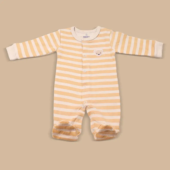 Prekies Newborn Cotton Sleepsuit Bear Face Print - Beige &amp; Brown