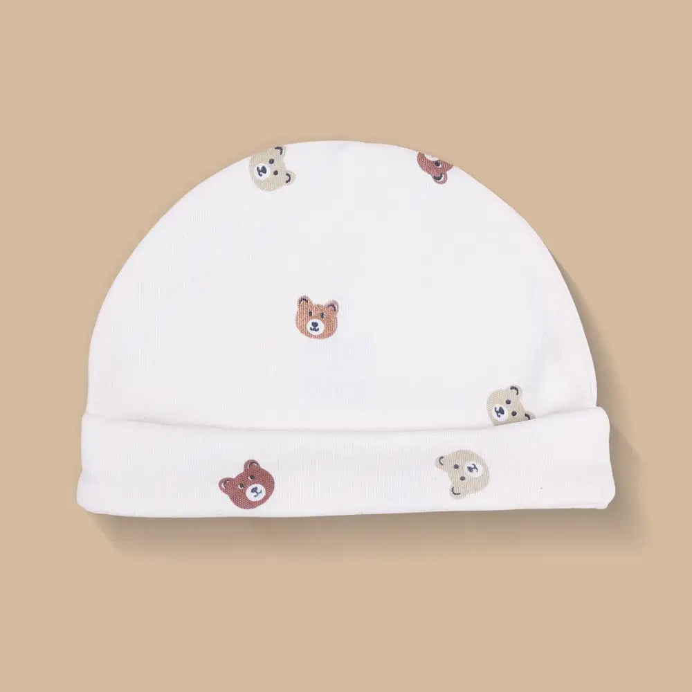 Prekies Newborn Cotton Cap, Mittens &amp; Booties Set Teddy Print - Cream