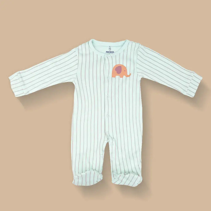 Prekies Newborn Cotton Sleepsuits Elephant Print - Multi (Set of 3)