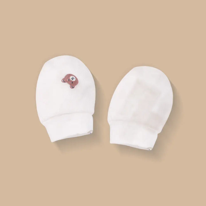 Prekies Newborn Cotton Cap, Mittens &amp; Booties Set Teddy Print - Cream