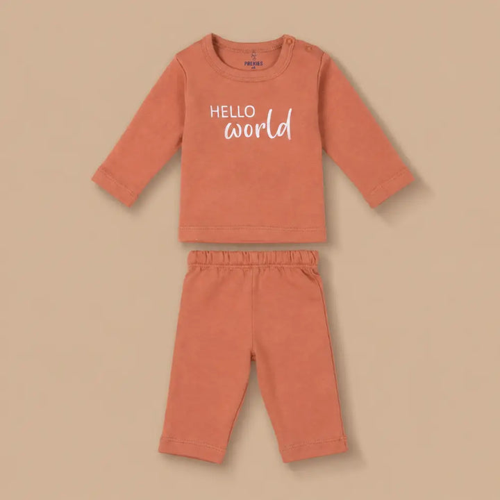 Prekies Newborn Clothing Set Hello World Print - Brown