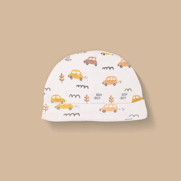 Prekies Newborn Cotton Cap, Mittens &amp; Booties Set Car Print - Cream