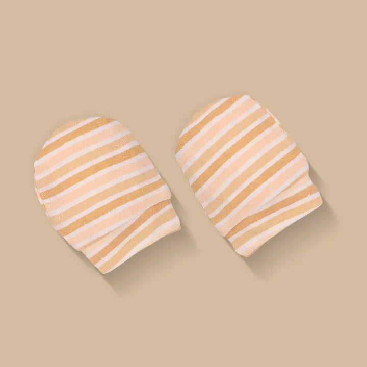 Prekies Newborn Cotton Cap, Mittens &amp; Booties Set Stripes Print - Peach