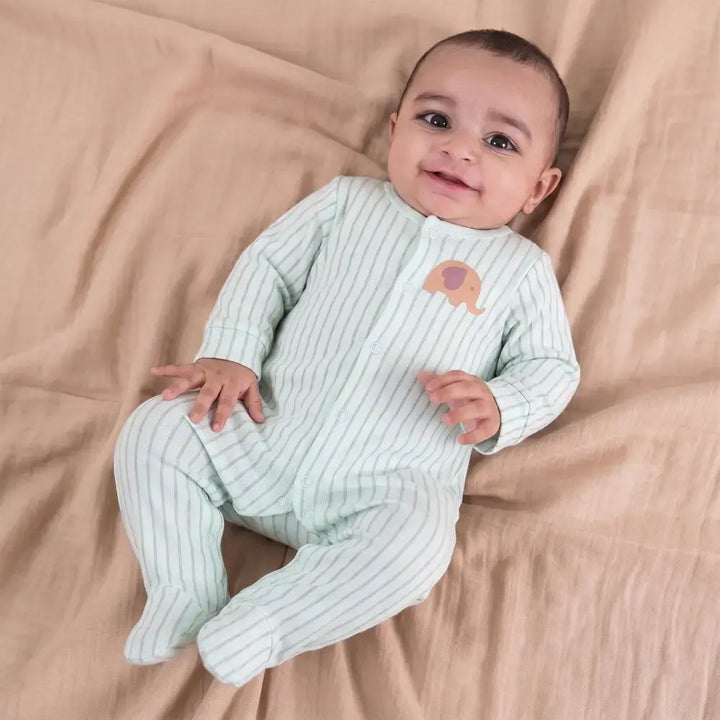 Prekies Newborn Cotton Sleepsuits Elephant Print - Multi (Set of 3)