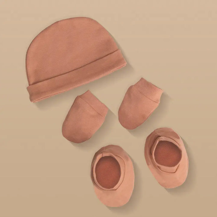 Prekies Newborn Cotton Cap, Mittens &amp; Booties Set - Beige