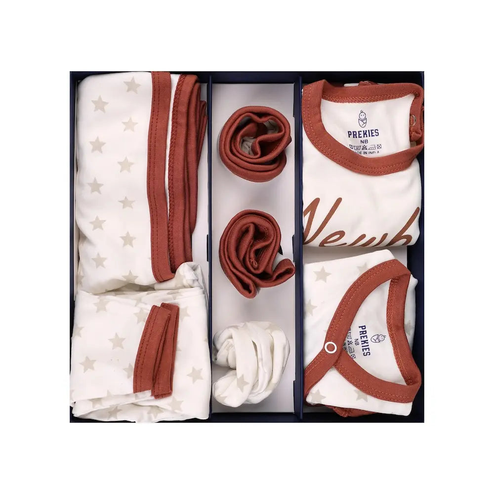 Prekies Newborn Baby Essentials Gift Set - 10-Piece Newbie Print - Cream &amp; Brown