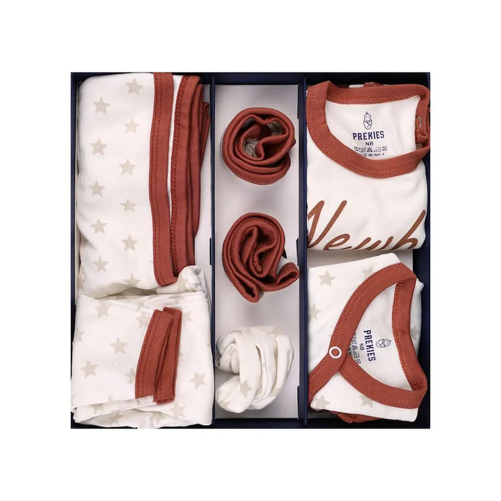 Prekies Newborn Baby Essentials Gift Set - 10-Piece Newbie Print - Cream &amp; Brown