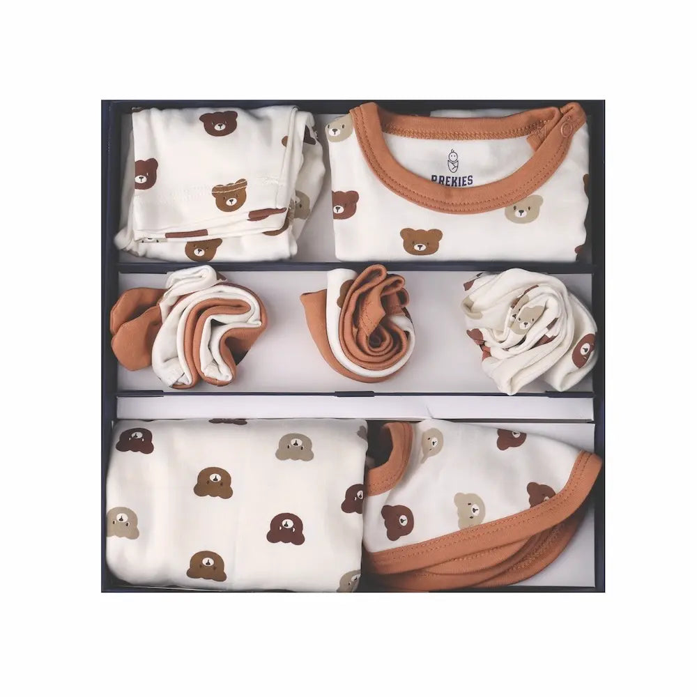 Prekies Newborn Baby Essentials Gift Set - 10-Piece Bear Print Set - Cream &amp; Beige