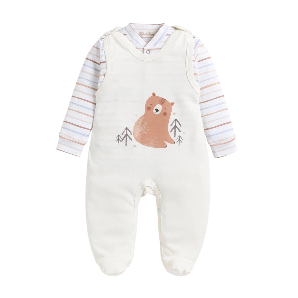 Cot &amp; Candy Baby Organic S/S Footed Romper with Long Sleeve Front Open Tee - Amber Woodland