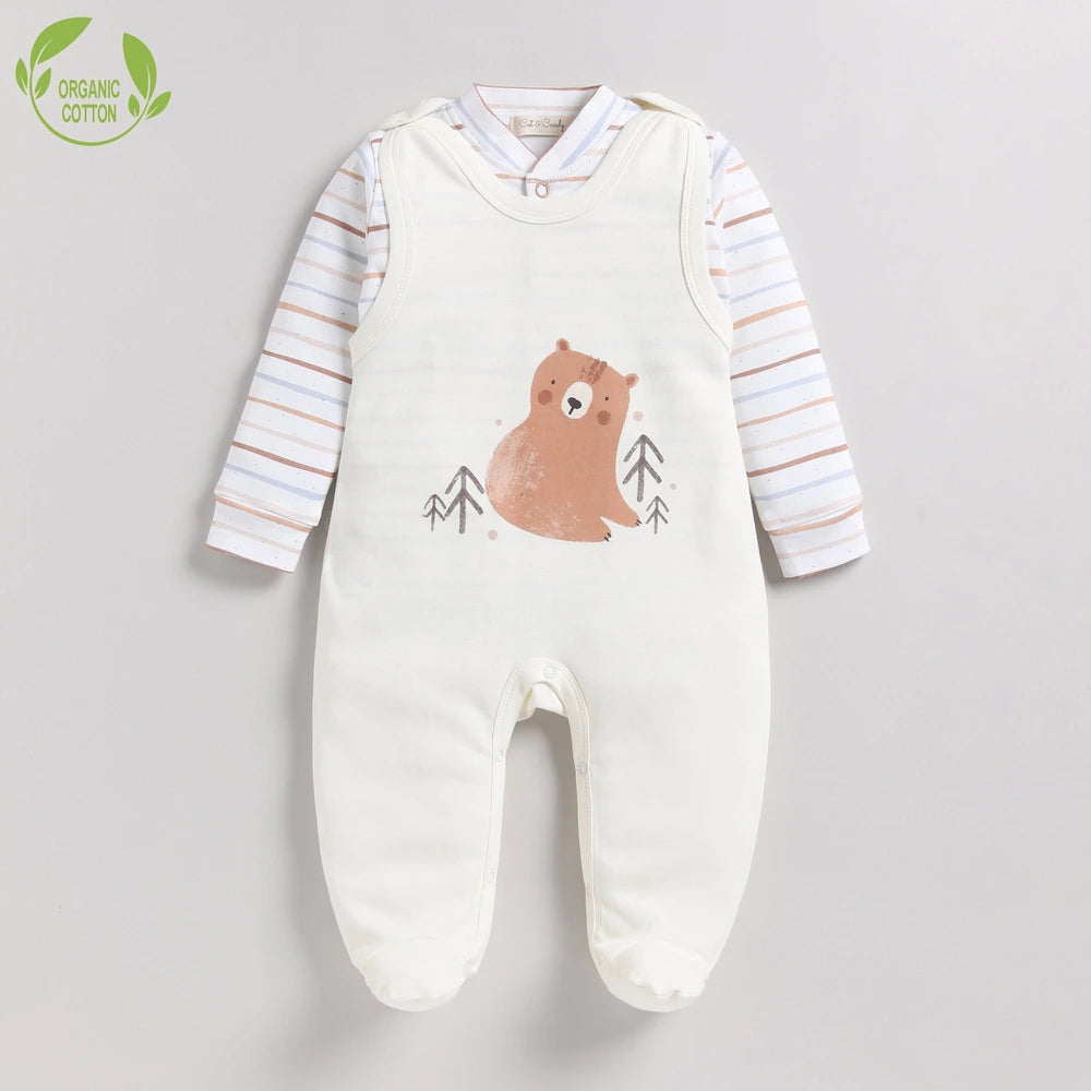 Cot &amp; Candy Baby Organic S/S Footed Romper with Long Sleeve Front Open Tee - Amber Woodland