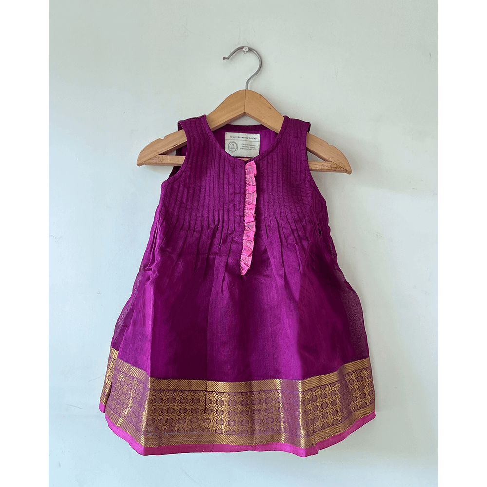 Love The World Today Anagha Handwoven Cotton Silk Pleated Festive Infant Dress - Purple
