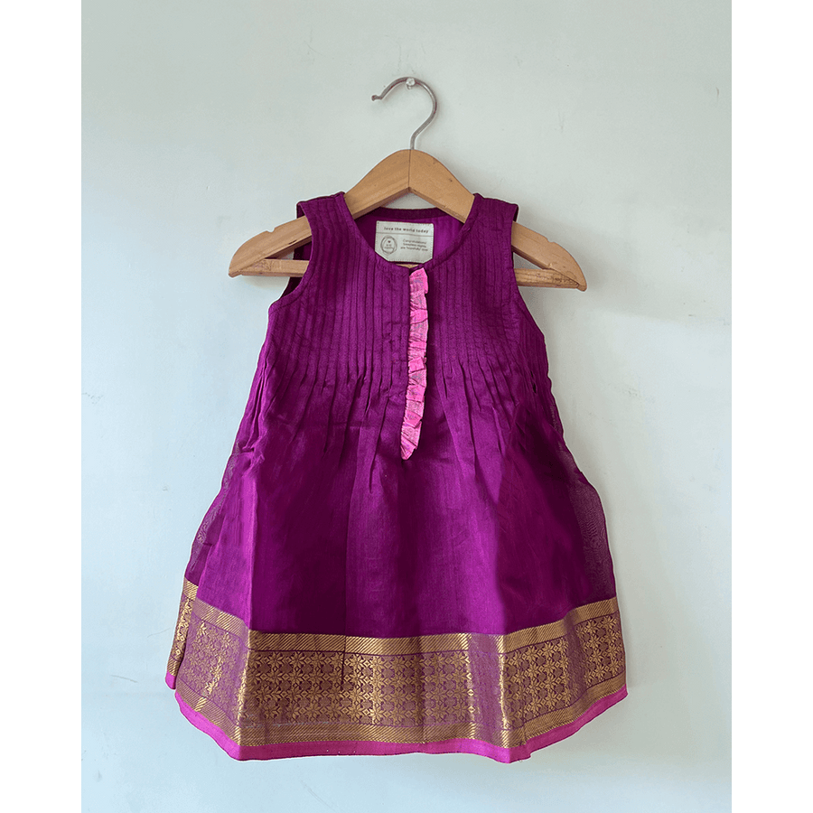 Love The World Today Anagha Handwoven Cotton Silk Pleated Festive Infant Dress - Purple